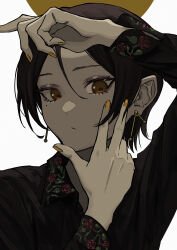 Rule 34 | 1girl, absurdres, arm up, black hair, black shirt, brown eyes, closed mouth, collared shirt, earrings, fingernails, floral print, hair between eyes, hands up, highres, jewelry, long sleeves, looking at viewer, mujikuro, nail polish, orange nails, original, print collar, shirt, short hair, simple background, solo, turning head, upper body, white background