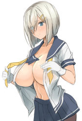 Rule 34 | 10s, 1girl, black pantyhose, blue eyes, breasts, gloves, hair ornament, hair over one eye, hairclip, hamakaze (kancolle), highres, huge breasts, kantai collection, kloah, midriff, navel, no bra, pantyhose, personification, school uniform, serafuku, short hair, silver hair, skirt, solo, underboob, undressing, white background, white gloves