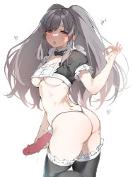 Rule 34 | 1girl, ass, black panties, black thighhighs, breasts, dildo, grey hair, heart, highres, holding, holding sex toy, idolmaster, idolmaster shiny colors, karan, long hair, looking at viewer, medium breasts, ok sign, open mouth, panties, puffy short sleeves, puffy sleeves, pussy juice, sex toy, short sleeves, simple background, solo, thighhighs, tongue, tongue out, twintails, underboob, underwear, white background, yukoku kiriko