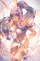 Rule 34 | 1girl, alternate costume, dark-skinned female, dark skin, fate/grand order, fate (series), hair tubes, jewelry, long hair, navel, necklace, nitocris (fate), nitocris (fate/grand order), nitocris (swimsuit assassin) (fate), nitocris (swimsuit assassin) (third ascension) (fate), purple eyes, purple hair, sandals, solo, swimsuit, thigh gap, thigh strap, water, wristband, yoshimoto (dear life)