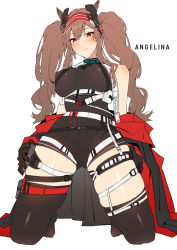 Rule 34 | 1girl, angelina (arknights), angelina (distinguished visitor) (arknights), animal ears, arknights, asakawa (outeq), bare shoulders, black gloves, black thighhighs, blush, breasts, brown hair, gloves, hairband, highres, horse ears, infection monitor (arknights), kneeling, large breasts, legs, long hair, off shoulder, official alternate costume, red eyes, smile, solo, thigh strap, thighhighs