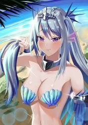 1girl absurdres arerex armpit_crease beach blush breasts cleavage closed_mouth collar collarbone detached_sleeves duel_monster fins fish_girl grey_hair hair_ornament head_fins highres holding holding_own_hair large_breasts long_hair purple_eyes shell shell_bikini tearlaments_scheiren tiara two_side_up upper_body yu-gi-oh!