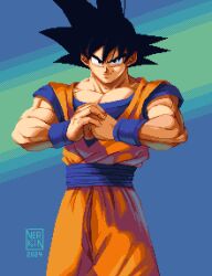 Rule 34 | 1boy, absurdres, black eyes, black hair, closed mouth, dated, dougi, dragon ball, hair between eyes, highres, looking at viewer, male focus, muscular, muscular male, nerkinpixel, own hands together, pixel art, signature, simple background, smirk, solo, son goku, spiked hair, wristband