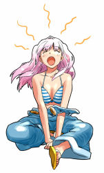Rule 34 | 1girl, arle, bad id, bad pixiv id, bikini, bikini top only, breasts, cleavage, closed eyes, denim, jeans, long hair, open mouth, original, overalls, pants, pink hair, sandals, sitting, solo, striped bikini, striped clothes, swimsuit, teardrop, tears, v arms, yawning