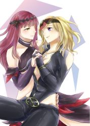 Rule 34 | 2girls, bare shoulders, black gloves, blonde hair, breasts, commentary request, detached sleeves, eye contact, gloves, hasami rein, holding hands, interlocked fingers, lady j, large breasts, long hair, looking at another, multiple girls, purple eyes, purple hair, sitting, sunglasses, valkyrie drive, valkyrie drive -mermaid-, xieyuan, yellow eyes, yuri