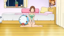 Rule 34 | 00s, 1girl, alarm clock, all fours, animated, animated gif, barefoot, bed, bedroom, bouncing breasts, breasts, brown eyes, brown hair, camisole, cleavage, clock, crawling, dot nose, downblouse, hanging breasts, hinako (issho ni training), issho ni training, large breasts, looking at viewer, matching hair/eyes, no bra, off shoulder, pillow, poster (object), short hair, short shorts, short twintails, shorts, sitting, smile, solo, stuffed toy, twintails, wariza, window, wooden floor