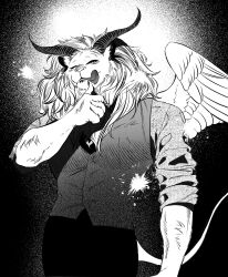 Rule 34 | 1boy, achu 0u0, angel wings, arm at side, collared shirt, cowboy shot, demon horns, dungeon meshi, feathered wings, fingernails, furry, furry male, glowing, greyscale, hand up, highres, horns, korean commentary, licking lips, lion, lion boy, looking at viewer, male focus, monochrome, one eye closed, personification, sharp fingernails, shirt, sleeves rolled up, solo, spoilers, thumbs up, tongue, tongue out, vest, winged lion (dungeon meshi), wings