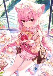 Rule 34 | 1girl, ahoge, animal ear fluff, animal ears, apron, blueberry, blush, braid, brown eyes, brown skirt, cake, cat ears, cat girl, cat tail, chocolate, commentary, cup, flower, food, fork, fruit, hair between eyes, hair flower, hair ornament, hairclip, highres, holding, holding cup, looking at viewer, open mouth, original, pink apron, pink hair, plate, shirt, shnva, sidelocks, sitting, skirt, solo, strawberry, tail, teacup, teapot, twin braids, window, yellow shirt