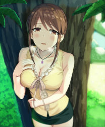 Rule 34 | 1girl, against tree, black skirt, blush, breasts, brown eyes, brown hair, cleavage, collarbone, commentary request, hand on breast, idolmaster, idolmaster cinderella girls, jewelry, large breasts, leaf, looking at viewer, medium hair, mifune miyu, miniskirt, necklace, open mouth, pencil skirt, shiroi yuumi, shirt, sidelocks, skirt, solo, tree, yellow shirt