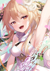 Rule 34 | 1girl, absurdres, arm up, armpits, blonde hair, breasts, cloud, flower, genshin impact, hair flower, hair ornament, halterneck, halterneck, highres, leotard, looking at viewer, lumine (genshin impact), open mouth, outdoors, sky, small breasts, smile, solo, teeth, upper body, upper teeth only, white flower, yellow eyes, zhongwu chahui