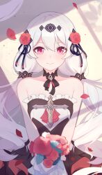 Rule 34 | 1girl, absurdres, bare shoulders, black dress, bouquet, chinese commentary, closed mouth, commentary, dress, flower, hair between eyes, hair flower, hair ornament, highres, holding, holding bouquet, honkai (series), honkai impact 3rd, long hair, looking at viewer, theresa apocalypse (luna kindred), petals, red eyes, red flower, red rose, rose, simple background, sleeveless, sleeveless dress, smile, solo, strapless, strapless dress, theresa apocalypse, theresa apocalypse (luna kindred), tongling, twintails, wedding dress, white background, white hair