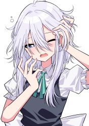Rule 34 | 1girl, absurdres, blue eyes, commentary request, fingernails, green neckwear, green ribbon, hair between eyes, hair down, hands up, highres, izayoi sakuya, long hair, looking at viewer, maid, one eye closed, open mouth, ribbon, short sleeves, simple background, sleepy, solo, squeans, touhou, tsukimirin, white background, white hair