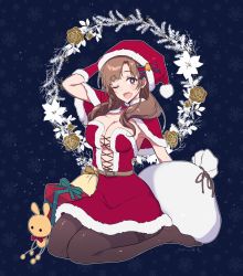 Rule 34 | 1girl, 2018, ;d, arm behind head, armpits, belt, black pantyhose, box, breasts, bright pupils, brown hair, capelet, christmas, christmas wreath, cleavage, clothing cutout, commentary request, cross-laced clothes, cross-laced cutout, dated, full body, fur-trimmed capelet, fur-trimmed gloves, fur-trimmed headwear, fur-trimmed skirt, fur trim, gift, gift box, gloves, hat, high belt, highres, large breasts, long hair, looking at viewer, no shoes, one eye closed, oosuki mamako, open mouth, outline, pantyhose, pochi (pochi-goya), pom pom (clothes), purple eyes, red capelet, red gloves, red hat, red skirt, sack, santa hat, sitting, skirt, smile, snowflake background, solo, tsuujou kougeki ga zentai kougeki de ni-kai kougeki no okaasan wa suki desu ka?, wariza, white outline, wreath