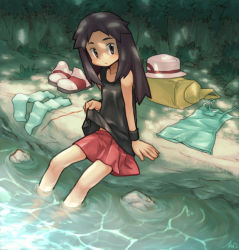 Rule 34 | 1girl, arm support, backpack, bag, black eyes, black hair, black shirt, brown hair, camisole, clothes lift, commentary request, creatures (company), dappled sunlight, day, game freak, green shirt, hat, leaf (pokemon), light frown, long hair, looking at viewer, miniskirt, nintendo, outdoors, partial commentary, pleated skirt, pokemon, pokemon frlg, porkpie hat, red skirt, shirt, shirt lift, shoes, sitting, skirt, soaking feet, solo, sunlight, tank top, tessaku ro, unworn hat, unworn headwear, unworn shoes, unworn socks, water, white hat, wristband