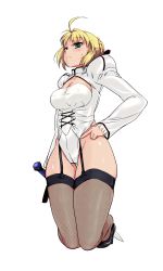 Rule 34 | 1girl, alternate costume, artoria pendragon (all), artoria pendragon (fate), blonde hair, blush, breasts, covered erect nipples, fate/stay night, fate/unlimited codes, fate (series), fishnets, garter straps, green eyes, haruhisky, high heels, highres, large breasts, ribbon, saber (fate), saber lily, shoes, solo, sweatdrop, sword, thighhighs, weapon