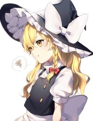 Rule 34 | 1girl, angry, apron, bad id, bad twitter id, black vest, blonde hair, bow, braid, buttons, crying, crying with eyes open, frilled hat, frills, hair bow, hat, hat bow, highres, jill 07km, kirisame marisa, long sleeves, pout, puffy sleeves, red bow, shirt, short sleeves, side braid, single braid, solo, tears, touhou, upper body, vest, waist apron, white bow, white shirt, witch hat, yellow eyes