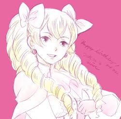 Rule 34 | 1girl, artist name, blonde hair, bow, capelet, dated, drill hair, earrings, fire emblem, gloves, hair bow, happy birthday, jewelry, long hair, looking at viewer, maribelle (fire emblem), miisa, multiple hair bows, nintendo, open mouth, partially colored, purple background, shirt, simple background, sketch, smile, solo