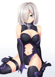 Rule 34 | 1girl, alternate costume, black gloves, black leotard, black thighhighs, blue eyes, breasts, clothing cutout, cosplay, elbow gloves, fate/grand order, fate (series), gloves, hair over one eye, hamakaze (kancolle), high heels, highres, kantai collection, large breasts, leotard, mash kyrielight, mash kyrielight (cosplay), navel, navel cutout, short hair, silver hair, sitting, solo, thighhighs, wariza, yasume yukito