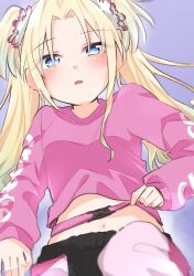Rule 34 | 1girl, blonde hair, blue eyes, blush, breasts, crop top, gradient hair, hair ornament, half-closed eyes, highres, link! like! love live!, long hair, long sleeves, looking at viewer, love live!, midriff, multicolored hair, navel, osawa rurino, pants, parted lips, pink shirt, shirt, small breasts, strap pull, twintails, two-tone hair, white 2530