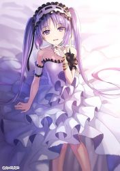 Rule 34 | 1girl, bed, dress, fate/grand order, fate/hollow ataraxia, fate (series), headband, highres, long hair, looking at viewer, open mouth, purple eyes, purple hair, sitting, smile, smug, stheno (fate), twintails, white dress