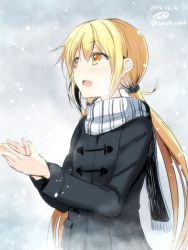 Rule 34 | 10s, 1girl, 2014, blonde hair, coat, dated, gin&#039;ichi (akacia), highres, kantai collection, open mouth, satsuki (kancolle), scarf, signature, snow, snowing, twintails, twitter username, winter clothes, winter coat, yellow eyes