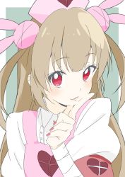 Rule 34 | 1girl, absurdres, apron, bad id, bad twitter id, blush, closed mouth, donguri suzume, dress, hair ornament, hat, heart, highres, index finger raised, light brown hair, long hair, looking at viewer, natori sana, nurse cap, pink apron, pink hat, rabbit hair ornament, red eyes, sana channel, smile, solo, two side up, upper body, virtual youtuber, white dress