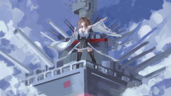 Rule 34 | 10s, 1girl, absurdres, ahoge, battleship, blush, breasts, brown hair, cleavage, clenched hand, cloud, detached sleeves, grin, highres, kantai collection, kongou (kancolle), long hair, military, military vehicle, nontraditional miko, outstretched arm, shenhaixun, ship, sketch, skirt, smile, solo, turret, warship, watercraft, wide sleeves
