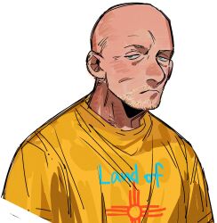 Rule 34 | 1boy, animification, bald, blue eyes, breaking bad, clothes writing, facial hair, frown, goatee, highres, looking to the side, ma2 ereki, male focus, mike ehrmantraut, portrait, shirt, solo, stubble, t-shirt, white background, yellow shirt