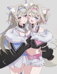 Rule 34 | animal ears, belt, black coat, black jacket, blonde hair, blue belt, blue eyes, blue hair, blue hairband, blush, breasts, chain, cleavage, cleavage cutout, clothing cutout, coat, collar, collarbone, cowboy shot, crop top, dog ears, dress, fang, fur trim, fuwawa abyssgard, fuwawa abyssgard (1st costume), hairband, headphones, headphones around neck, highres, hololive, hololive english, jacket, large breasts, long hair, mococo abyssgard, mococo abyssgard (1st costume), multicolored hair, navel, off-shoulder shirt, off shoulder, one eye closed, oninome tsuki, open mouth, pink belt, pink eyes, pink hair, pink hairband, puffy shorts, shirt, short hair, shorts, simple background, skin fang, small breasts, torso grab, virtual youtuber, white dress, white shirt, white shorts