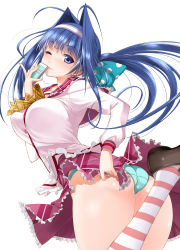 Rule 34 | 1girl, alric, ass, blue eyes, blue hair, blunt bangs, blush, breasts, cellphone, cowboy shot, from behind, green panties, hair intakes, hand on own hip, leg up, long sleeves, looking at viewer, original, panties, phone, school uniform, simple background, smartphone, socks, standing, striped clothes, striped legwear, striped socks, underwear, white background