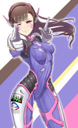 Rule 34 | 1girl, ;), animal print, armor, bodysuit, breasts, brown eyes, brown hair, closed mouth, d.va (overwatch), double finger gun, facepaint, facial mark, finger gun, gloves, headphones, high collar, highres, long hair, looking at viewer, one eye closed, overwatch, overwatch 1, pauldrons, pilot suit, pointing, pointing at viewer, rabbit print, ribbed bodysuit, shoulder armor, skin tight, small breasts, smile, solo, squinting, swept bangs, whisker markings, white gloves, yanagino (yanagino3)