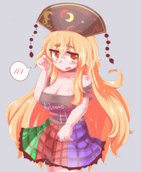 Rule 34 | 1girl, aoihitsuji, bare shoulders, black shirt, blonde hair, blush, breasts, choker, cleavage, clothes writing, cosplay, covered erect nipples, cowboy shot, eyebrows, grey background, hand in own hair, hat, hecatia lapislazuli, hecatia lapislazuli (cosplay), junko (touhou), large breasts, long hair, looking at viewer, miniskirt, multicolored clothes, multicolored skirt, off-shoulder shirt, off shoulder, open mouth, orange eyes, plaid, plaid skirt, shiny skin, shirt, short eyebrows, simple background, skirt, solo, spoken blush, sweatdrop, thick eyebrows, thighs, touhou, very long hair