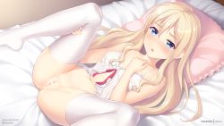 Rule 34 | 1girl, artist name, babydoll, bad id, bad pixiv id, bar censor, bed, bed sheet, blonde hair, blue eyes, blush, bow, bow panties, breasts, censored, frills, lingerie, long hair, looking at viewer, lying, navel, no shoes, on back, open mouth, original, panties, pillow, pussy, rikorin, small breasts, solo, spread legs, thighhighs, twitter username, underwear, underwear only, watermark, web address, white babydoll, white thighhighs