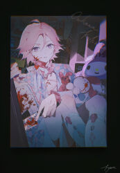 Rule 34 | 1boy, absurdres, ahoge, black border, blood, blood on clothes, blood on face, border, character name, cherished cutie (ensemble stars!), ensemble stars!, fyera, highres, holding, holding stuffed toy, kuromi, looking at viewer, male focus, my melody, official alternate costume, onegai my melody, oukawa kohaku, parted lips, pink hair, purple eyes, sanrio, short hair, solo, stuffed toy, teeth, wendy&#039;s