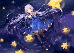 Rule 34 | 1girl, afloat, bare shoulders, cancer (constellation), capricorn (constellation), elbow gloves, emyo, female focus, full body, gloves, knees together feet apart, libra (constellation), long hair, purple hair, ripples, solo, star (symbol), taurus (constellation), thighhighs, twintails, very long hair, virgo (constellation), vocaloid, water, xingchen, yellow eyes