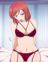 Rule 34 | 1girl, absurdres, artist name, artist request, condom, condom in mouth, condom wrapper, female focus, hair between eyes, highres, indoors, looking at viewer, love live!, love live! school idol project, mouth hold, nishikino maki, red hair, short hair, solo