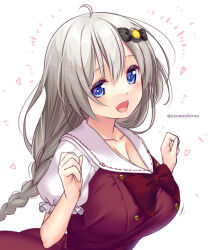 Rule 34 | 1girl, :d, ahoge, black bow, blue eyes, bow, braid, breasts, cleavage, collarbone, dress, grey hair, hair between eyes, hair bow, hands up, heart, kizuna akari, large breasts, long hair, looking at viewer, open mouth, puffy short sleeves, puffy sleeves, red dress, shirt, short sleeves, simple background, sleeveless, sleeveless dress, smile, solo, star (symbol), twitter username, usume shirou, very long hair, voiceroid, white background, white shirt
