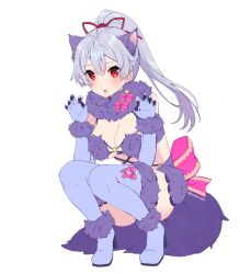 Rule 34 | 1girl, animal ears, blush, bow, claw pose, claws, cosplay, elbow gloves, fate/grand order, fate (series), full body, fur-trimmed gloves, fur-trimmed legwear, fur collar, fur trim, gloves, hair ribbon, mash kyrielight, mash kyrielight (dangerous beast), mash kyrielight (dangerous beast) (cosplay), o-ring, o-ring top, official alternate costume, pink bow, ponytail, purple gloves, purple legwear, red eyes, red ribbon, revealing clothes, ribbon, rosuuri, silver hair, solo, squatting, tail, tomoe gozen (fate), wolf ears, wolf tail