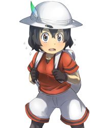Rule 34 | 10s, backpack, bag, bucket hat, feathers, gloves, hat, highres, kaban (kemono friends), kemono friends, pantyhose under shorts, open mouth, pantyhose, shirt, shoes, short hair, short sleeves, shorts, solo, standing, sweatdrop, t-shirt, thin (suzuneya)