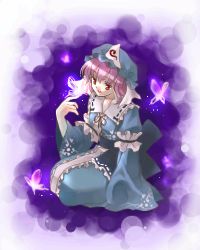 Rule 34 | 1girl, blue hat, bug, butterfly, coco (artist), dress, female focus, full body, gradient background, hat, insect, lowres, purple background, saigyouji yuyuko, solo, touhou, white background