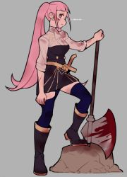 Rule 34 | 1girl, artist name, axe, blood, blood on clothes, blood on face, bloody weapon, blue thighhighs, boots, breasts, closed mouth, do m kaeru, female focus, fire emblem, fire emblem: three houses, from side, full body, garreg mach monastery uniform, grey background, hilda valentine goneril, holding, holding axe, injury, knee boots, long hair, matching hair/eyes, medium breasts, nintendo, pink eyes, pink hair, rock, simple background, solo, thighhighs, thighs, twintails, uniform, weapon, zettai ryouiki