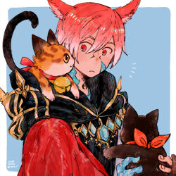 Rule 34 | 1boy, animal, animal ears, animal on shoulder, bell, blue background, border, cat, cat ears, cat on shoulder, closed mouth, commentary request, crystal exarch, curled tail, dated, final fantasy, final fantasy xiv, g&#039;raha tia, g'raha tia, holding, holding animal, holding cat, itowo (itowc), jingle bell, male focus, miqo&#039;te, neck bell, notice lines, outside border, red eyes, red hair, simple background, solo, white border