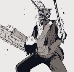 Rule 34 | 1boy, 1girl, age difference, black hair, braid, braided ponytail, chainsaw, chainsaw man, clothes grab, collared jacket, denji (chainsaw man), gakuran, grey background, greyscale, head back, highres, jacket, leaning back, leg lock, legs apart, long sleeves, looking up, medium hair, monochrome, nayuta (chainsaw man), open mouth, pointing, school uniform, sharp teeth, simple background, sleeves rolled up, sukesukeburger, sweater, tareme, teeth, tongue, tongue out, v-shaped eyebrows