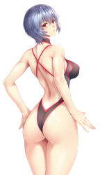 Rule 34 | 1girl, alternate breast size, ass, ayanami rei, backless swimsuit, bare arms, bare shoulders, black one-piece swimsuit, blue hair, blush, breasts, commentary, competition swimsuit, covered erect nipples, from behind, halterneck, highleg, highleg swimsuit, lips, looking at viewer, looking back, medium breasts, neon genesis evangelion, one-piece swimsuit, parted lips, rebuild of evangelion, red eyes, shiny skin, short hair, simple background, solo, swimsuit, thighs, white background, zucchini