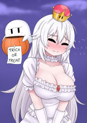 Rule 34 | 1girl, absurdres, blush, breasts, cleavage, closed eyes, collar, crown, dress, english text, frilled collar, frilled dress, frills, ghost, gloves, hair between eyes, highres, large breasts, luigi&#039;s mansion, mario (series), mini crown, nintendo, pale skin, princess king boo, pumpkin, purple background, super crown, the only shoe, tilted headwear, wavy mouth, white dress, white gloves, white hair