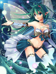 Rule 34 | 1girl, :d, ahoge, blue eyes, blush, breasts, collarbone, detached sleeves, fairy, fairy wings, green hair, long hair, navel, open mouth, original, outstretched arm, pointy ears, smile, solo, taletale, thighhighs, white thighhighs, wings
