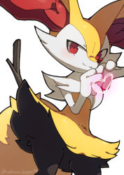 Rule 34 | 1girl, animal ear fluff, animal ears, animal nose, artist name, black fur, blush, body fur, braixen, closed mouth, cowboy shot, creatures (company), female focus, flat chest, fox ears, fox girl, fox tail, furry, furry female, game freak, gen 6 pokemon, hands up, happy, heart, heart hands, highres, looking at viewer, multicolored fur, nako (nekono shippo75), neck fur, nintendo, own hands together, pokemon, pokemon (creature), red eyes, signature, simple background, smile, solo, split mouth, standing, stick, tail, twitter username, white background, white fur, yellow fur