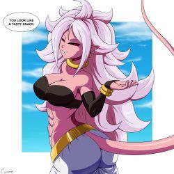 Rule 34 | 1girl, abs, android 21, arm warmers, ass, bandeau, bare shoulders, black sclera, breasts, canime, cleavage, colored sclera, colored skin, dragon ball, dragon ball fighterz, english text, half-closed eyes, harem pants, jewelry, large breasts, majin android 21, navel, pants, pink skin, pointy ears, smile, solo, speech bubble, tail, text focus, toned, white hair