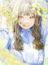 Rule 34 | 1girl, arm up, blue shirt, blunt bangs, blurry, brown eyes, brown hair, dated, flower, freckles, highres, long hair, man015s, nail polish, original, shirt, signature, smile, solo, upper body, yellow flower