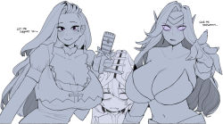 Rule 34 | 3girls, bare shoulders, blush, breast envy, breasts, cleavage, collarbone, english text, highres, large breasts, league of legends, long hair, lulu (league of legends), microphone, mole, mole under eye, morgana (league of legends), multiple girls, navel, ohasi, pointy ears, seraphine (league of legends)